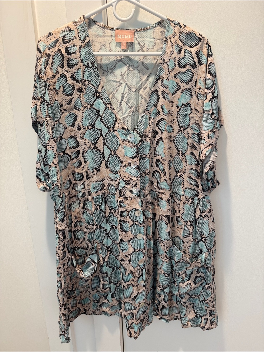Show Me Your Mumu Women's Teal Snake-Print Button Front Dress